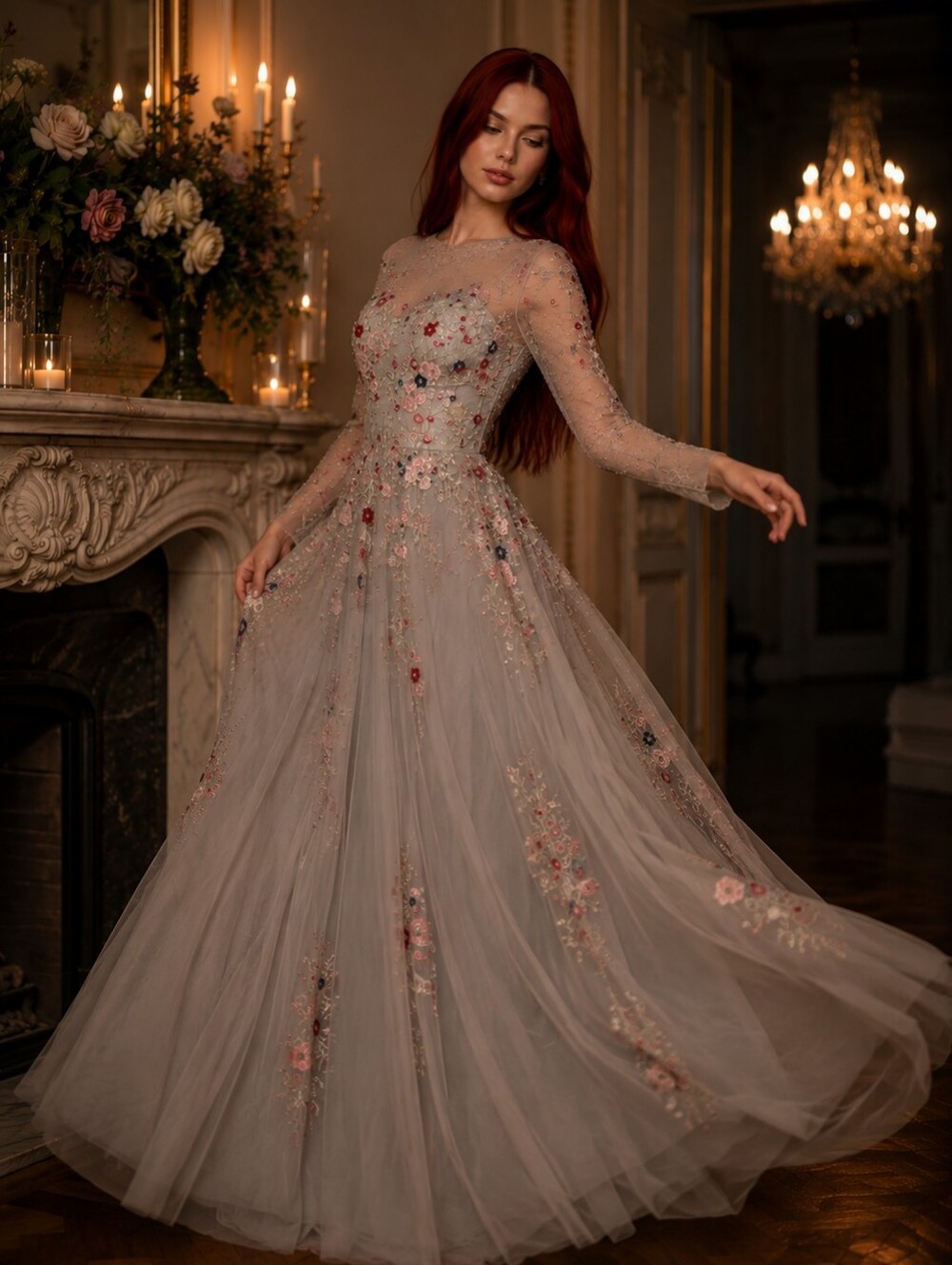 Mac Duggal Platinum Multi Floral Embroidered Illusion High Neck A-Line Gown 4 CC